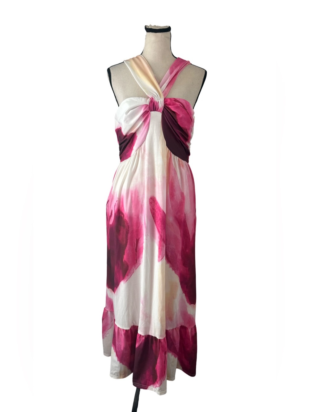 Grace Karin Large Pink Floral Maxi Dress Bow Front Halter Tiered Pockets